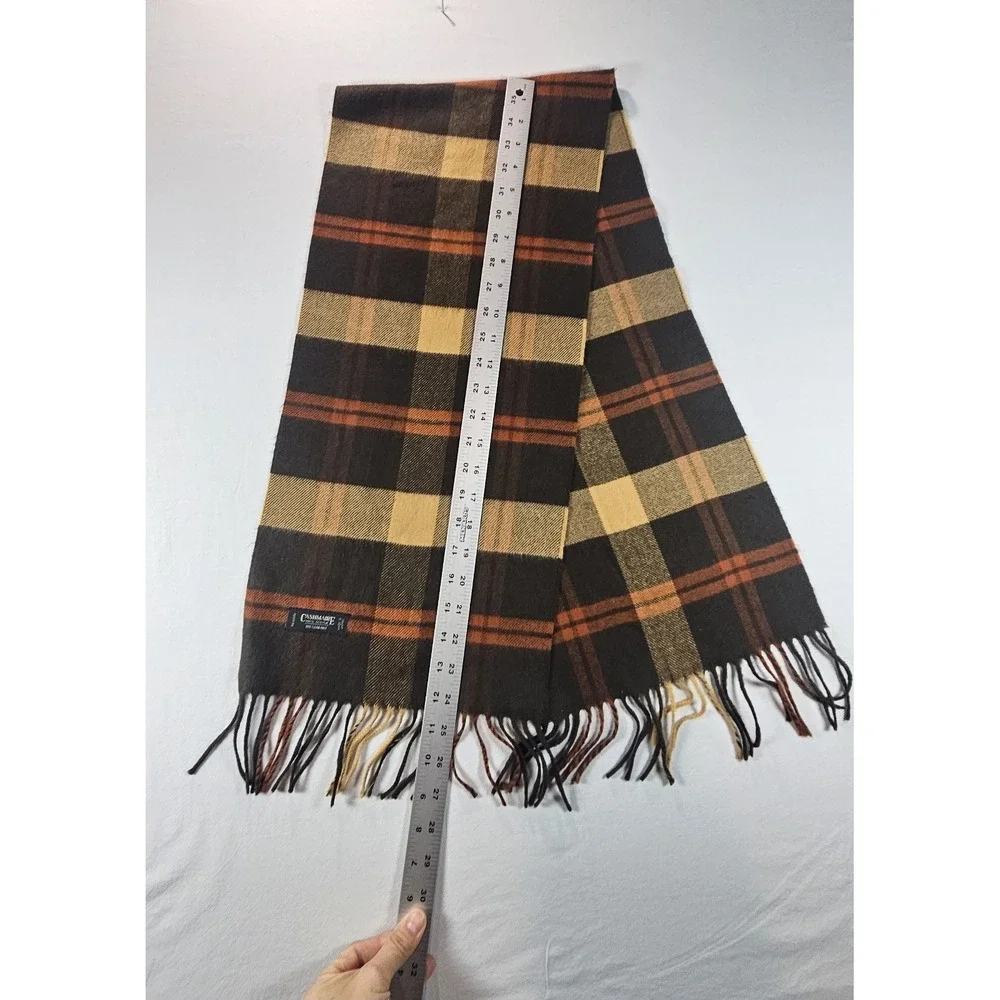 Vintage Cashmaire Plaid Scarf‎ Brown Tan Orange 100% Acrylic Made Japan